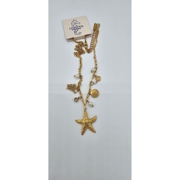 Oshena Starfish Charm Necklace Womens OS Gold NEW Nautical Shell Turtle Pearl - Picture 4 of 5